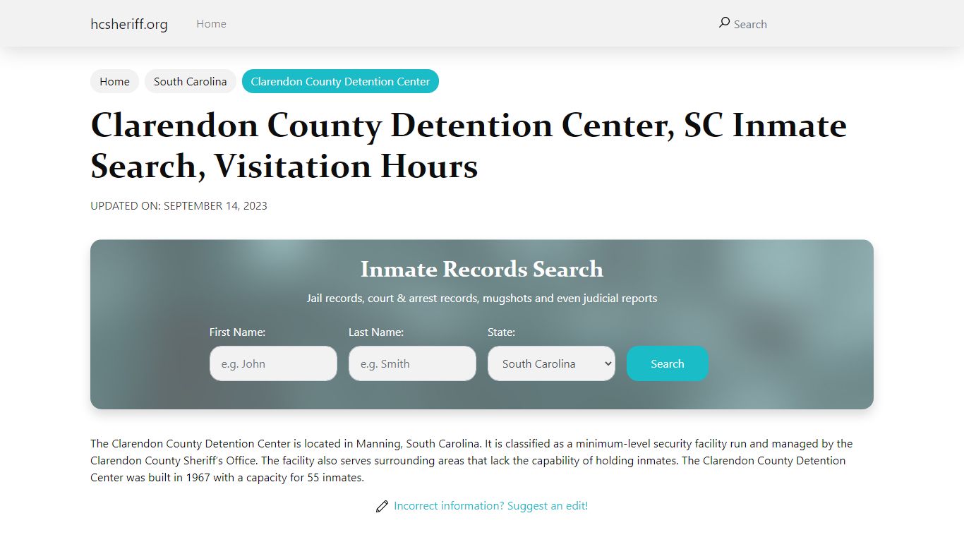 Clarendon County Detention Center, SC Inmate Search, Visitation Hours