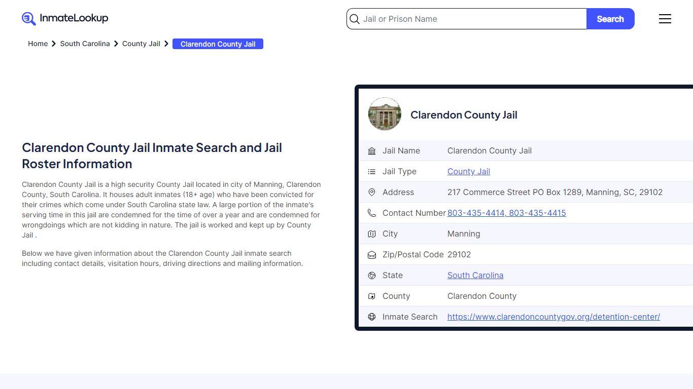 Clarendon County Jail Inmate Search and Jail Roster Information
